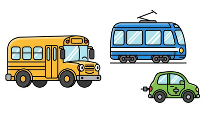 Collection of Cartoon graphic of a yellow school bus, blue tram, and green car, showcasing different urban transportation options.