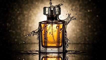 Prompt:
Elegant perfume bottle floating in mid-air surrounded by splashing water and rose petals