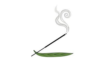 A minimalist illustration of a burning incense stick releasing swirling smoke, resting on a simple green leaf-shaped holder.
