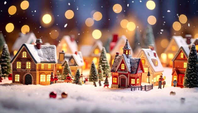 Miniature village under a blanket of snow. Illuminated buildings with snowy roofs and festive trees, creating a cozy winter scene with bokeh lights - Powered by Adobe
