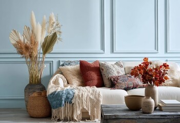 Cozy living room with white sofa, dried plants, blue walls & wooden coffee table