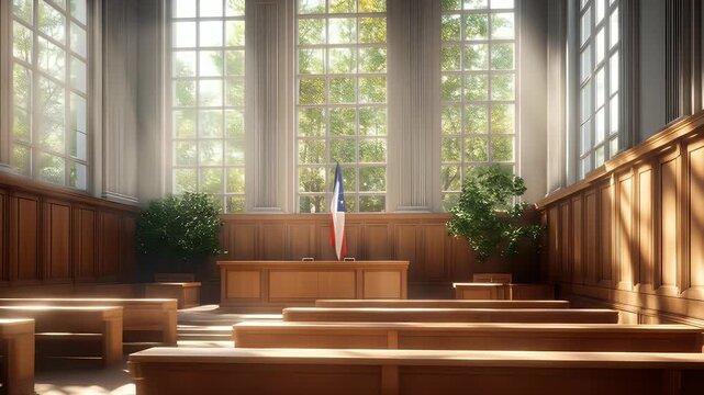 Sunlight streams through grand windows illuminating an empty courtroom with wooden benches and a backdrop of verdant trees creating a peaceful scene