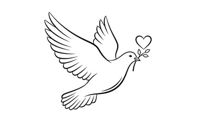 Obraz premium A beautiful and simple black and white line art drawing of a dove of peace flying with an olive branch that has a heart-shaped leaf.
