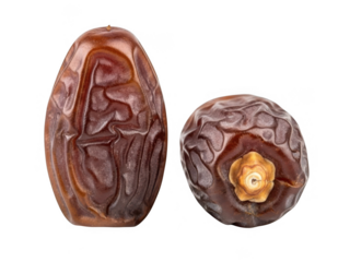 Two dates, one pitted isolated on transparent background