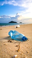 Blue plastic bottle lies on tan beach sand, ocean horizon in background, polluted