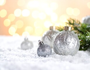Shimmering silver Christmas ornaments nestled in artificial snow