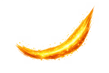 Golden fiery glowing curved abstract trail with sparks of light and burning effect on transparent background