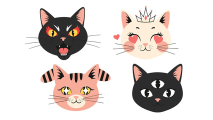 Obraz premium A collection of four unique and stylized cat faces showing different emotions, from an angry cat with fiery eyes to a mystical third-eyed cat.