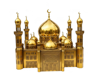 Intricate golden mosque with multiple minarets isolated on transparent background