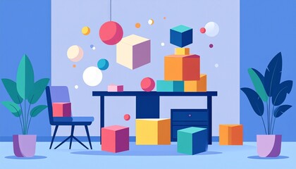Colorful 3D Blocks and Shapes Floating in a Modern Office Space.