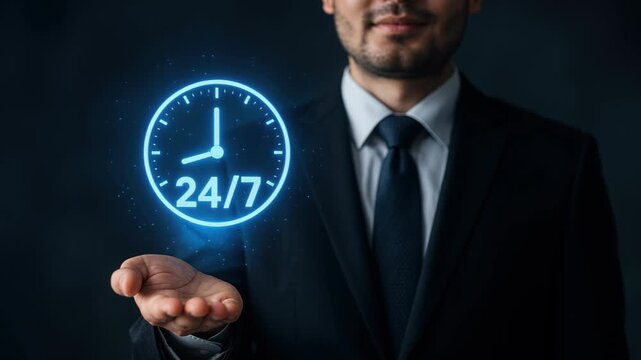 Dedicated Support: A focused individual in professional attire presents a glowing 24/7 clock, symbolizing continuous availability and dedicated service.