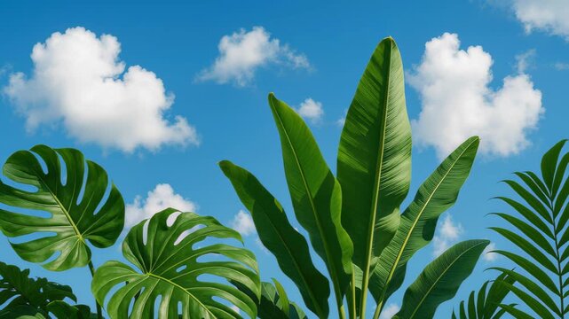 Tropical Canopy: Lush, vibrant green leaves reach towards a cerulean sky dotted with fluffy clouds, creating a sense of serenity and natural beauty.
