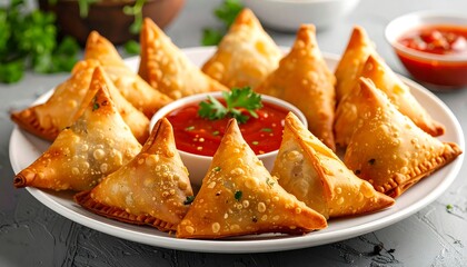 Delicious Samosas with Spicy Dipping Sauce on a White Plate.