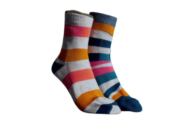 Two striped socks with white orange pink blue and teal stripes on black image, Png On White Background, Isolated on Transparent Background, Cut Out