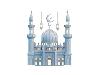 Obraz premium Illustrated mosque with crescent moon isolated on transparent background