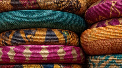 Colorful woven baskets stacked together