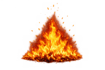Blazing fire with orange and yellow flames burning brightly, emitting sparks and hot embers on transparent background