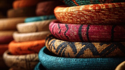 Woven baskets colorful stack texture