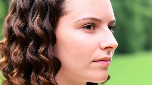 Focused Serenity: A young woman with gentle features gazes thoughtfully, showcasing her natural beauty and inner peace. Capturing a moment of quiet introspection.