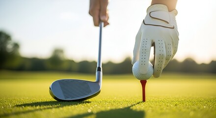 Golfer prepares to tee off on sunny course with glove and club
