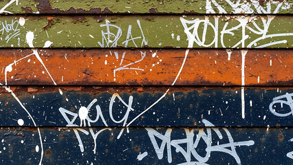 urban graffiti background featuring distressed peeling paint on a rusty corrugated metal wall showcasing street art textures for grunge graphic design.