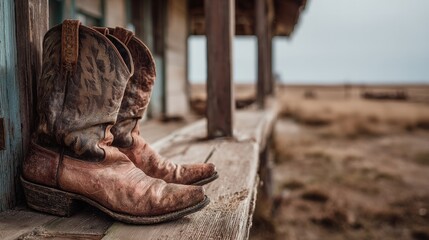 Worn cowboy boots on weathered porch