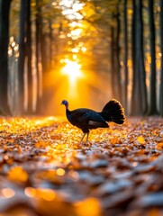 Wild Turkey in Enchanting Autumn Forest Path with Golden Sunlight