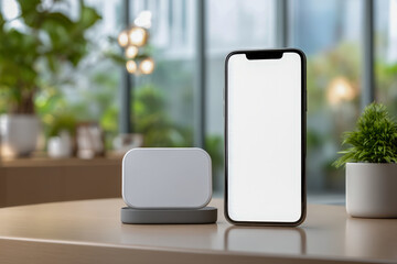 Close-up QR code payment stand beside smartphone with blank white screen on counter