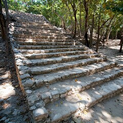 Ancient Mayan Stone Steps Leading Through Lush Tropical Jungle