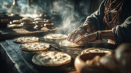 Tortillas cooking on traditional comal