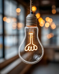 Hand-drawn lightbulb icon on glass panel with glowing bokeh office pendant lights background