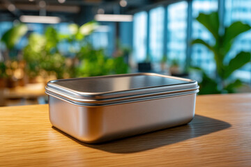 Reusable stainless steel lunch box on wooden desk, modern office kitchen background