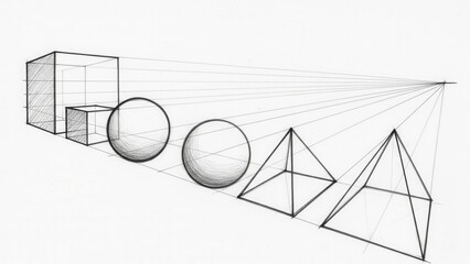 Geometric Shapes Drawn in One-Point Perspective with Vanishing Point