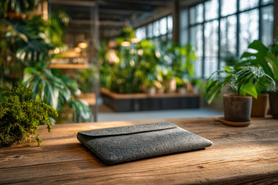 Sustainable recycled felt laptop sleeve on wooden desk with green plants in modern workspace