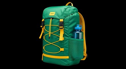 Green backpack with yellow accents and water bottle on black background for travel