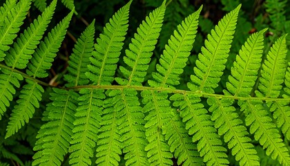 Close-up of a vibrant green fern frond, displaying intricate detail