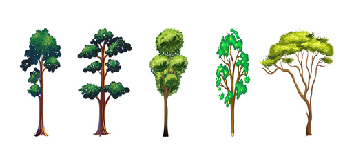 Tree Vector Illustration Collection Featuring Tropical and Orchard Trees with Mango, Apple, Banana, Orange, Coconut Palm and More Isolated on White Background, Colorful Tree Vector Illustration