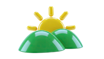3D Cartoon Sun Rising Over Green Hills Icon