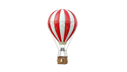Red and white striped hot air balloon with wicker basket