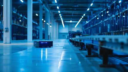 Automated Warehouse Blue Smart Logistics with AGV Robot Copy Space