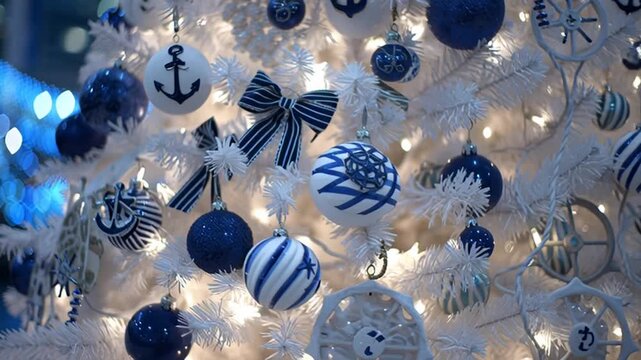 Festive shimmer: Nautical themed christmas decorations on a white tree with blue bokeh background