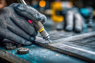 Gloved hands measuring thin metal sheet edge with micrometer, precision inspection close-up