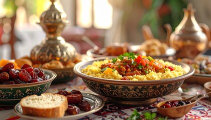 A variety of traditional food dishes beautifully arranged on a decorated table, showcasing a culinary feast