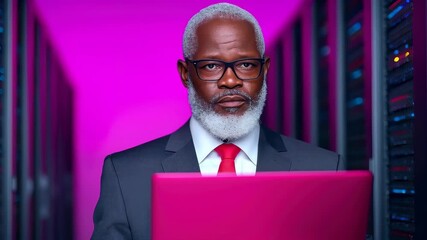 Tech Visionary: A distinguished professional, sporting a well-groomed beard and glasses, sits confidently behind a laptop in a data center, radiating experience and technological insight.