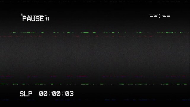 Analog TV VHS PAUSE with static interference glitch effects overlay on black background. 4K Video