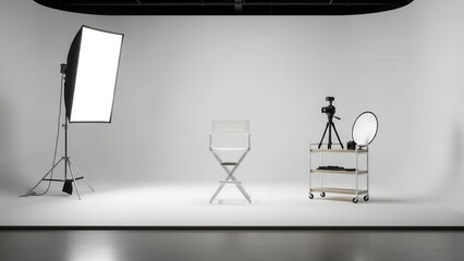 Empty photo studio with professional lighting, camera, and chair for portrait shooting.