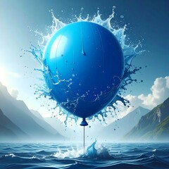 Blue balloon bursts on water surface, creating a dynamic splash. Mountains are blurred in the background