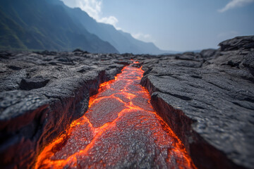 Naklejka premium Glowing Molten Lava River Flowing Through Dark Solidified Rocks in Volcanic Landscape