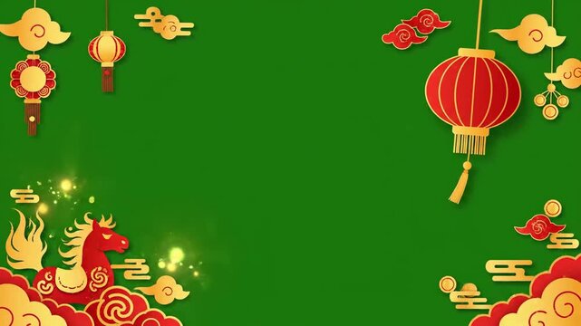 Festive fire horse illustration with red lanterns and gold clouds celebrating the chinese new year 2026 on a chroma key background.