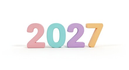 Colorful wooden numbers display the year 2027 on a white background with pastel colors.